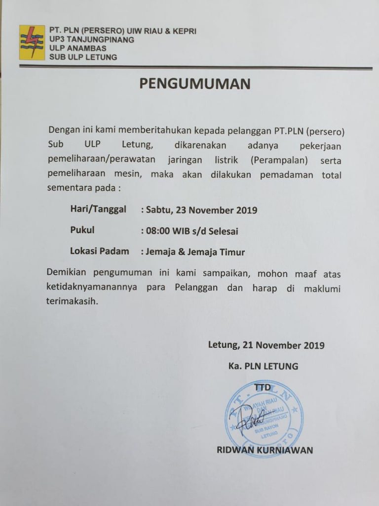 Atasi Gangguan Jaringan, PLN Letung Lakukan Perampalan Disejumlah Jaringan TM