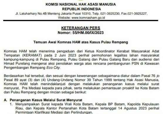 Temuan Komnas HAM Terkait Rempang